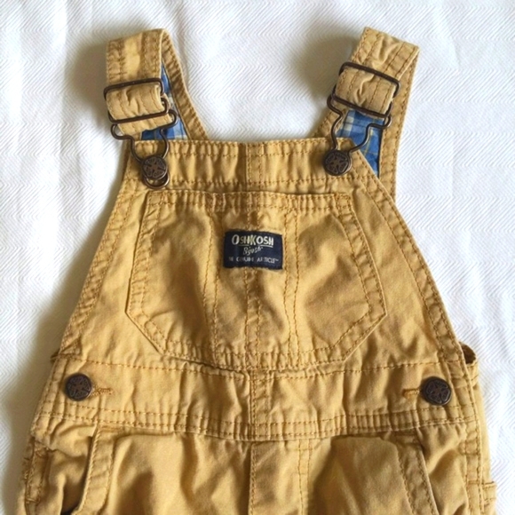 oshkosh b'gosh tan cotton twill carpenter vestbak overalls with plaid 12 months - Picture 10 of 10